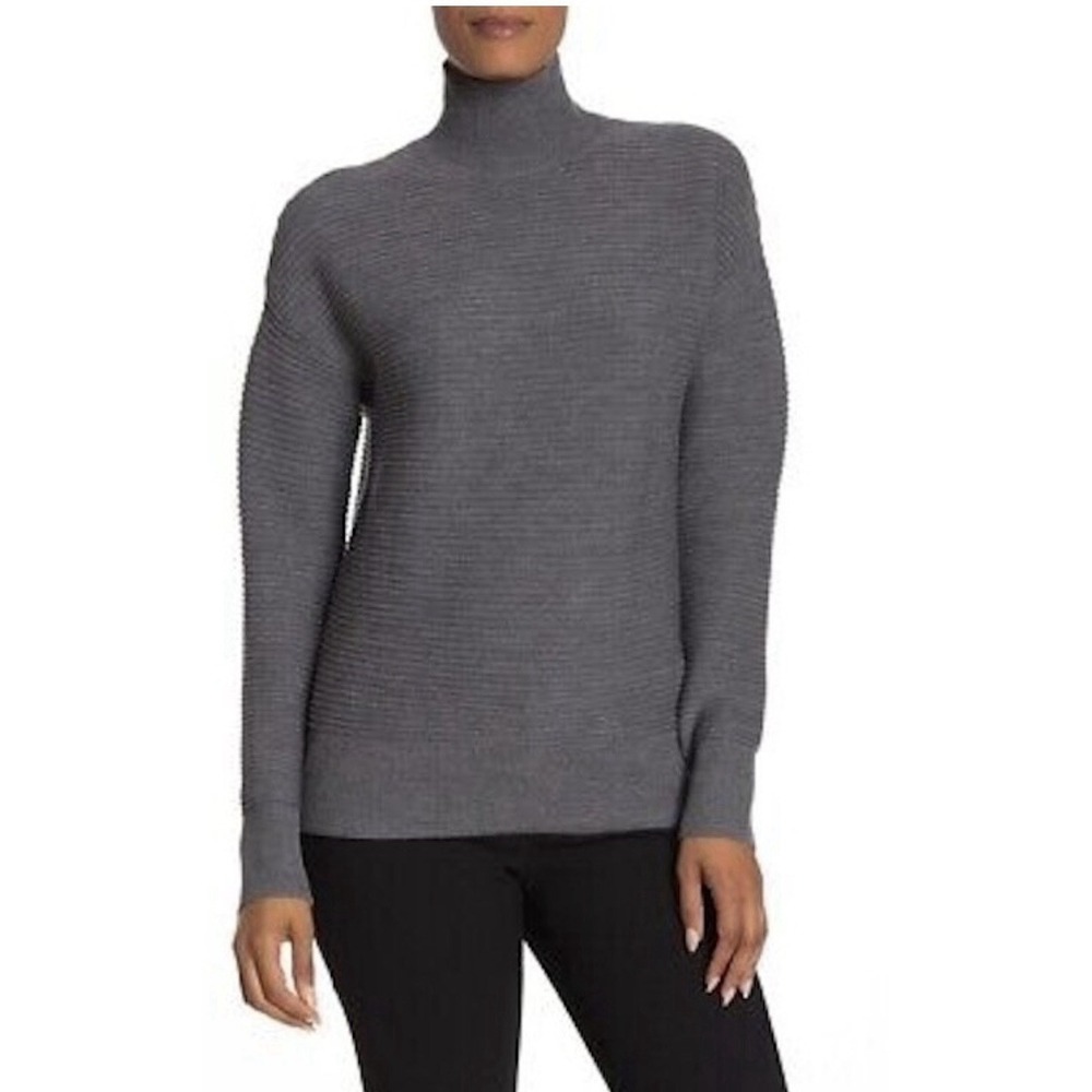 Theory Ribbed Mock Neck Cropped Wool Sweater Light Charcoal Size Medium